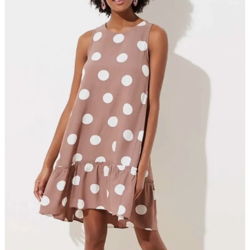 Loft polka dot swing dress in desert taupe. Worn 2x